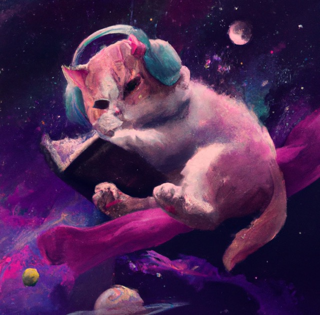 A cat floating in the cosmos while reading a book and listening to music